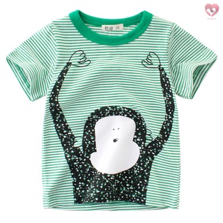 Boy Short Sleeve Cotton T-Shirt Round Neck Tops Summer Kids Clothes Cartoon Monkey Printing Stirpe Shirt Tee 100