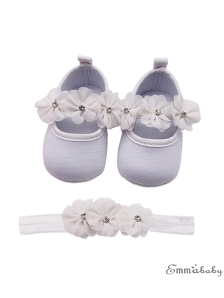 EMM-Baby Baptism Shoes and Headband Set, Soft Sole Floral Mary Jane Flats and Hairband 2 Piece Set for Infant Girls (5)