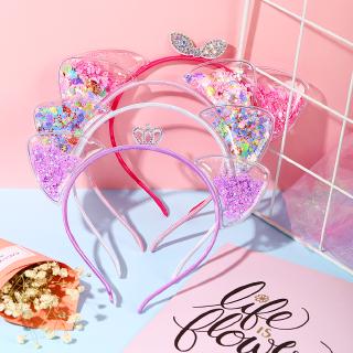 Ifyou Cute Cat Ear Hairband Pink Sequins Fashion Transparent Crown Bow Knot Women Hair Accessories Gift