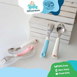 Bollie Baby Llama Stainless Spoon and Fork Set with Case (Training Spoon for Toddlers) BPA Free