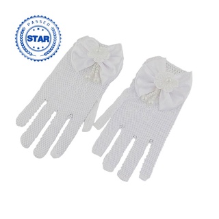 1 Pair Girls Kids White Lace Faux Pearl Fishnet Gloves J6D1