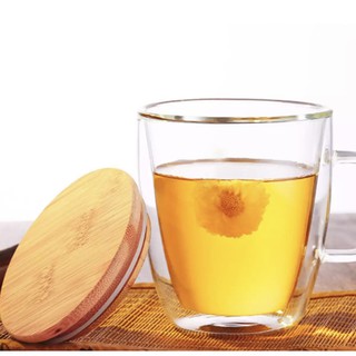 375ml Heat Resistant Double Wall Clear Glass Tea Drink Mug Cup With Wooden Or Glass Lid