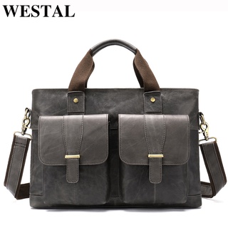 WESTAL Large Leather Briefcases Men's Genuine Leather Briefcase for Laptop 14 Messenger Bag Men Lapt