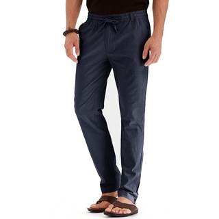 Men's Casual Linen Breathable Loose Long Pants Solid Color Straight Trousers