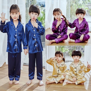 【READY STOCK】sleepwear for Children pajamas autumn imitation silk long sleeve cardigan home pajama