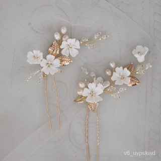 Gold Leaf Hair Pins Bridal Clips Porcelain Flower Wedding Headpiece Handmade Women Hair Accessories