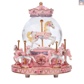 Carousel Horse Music Box Snow Globes Color Change LED Light Luminous Unicorn Music Boxes Best Birthday Gift for Kids Girls Pink