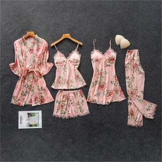 Women's Pajamas Silk Floral 5Pcs Set Satin Lace Nightie Sleepwear Home Clothes For Woman Female Nightwear