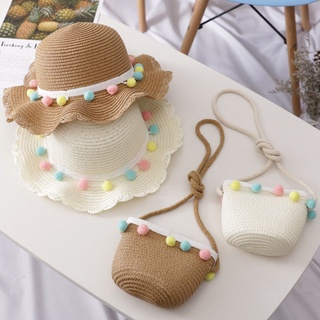 Kids Girls Large Wide Brim Straw Woven Sun Protection Beach Hat Colorful Pompom Ball Summer Floppy