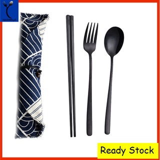 LT999 4pcs Set 304 Food Safety Stainless Steel Reusable Spoon Fork Chopsticks W/ Pouch