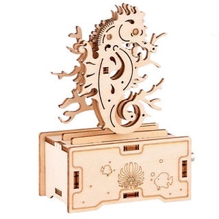 3D Puzzles Wooden Seahorse Hand Crank Music Box Assembly Toy DIY Assembled Mode Model Building Block