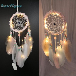 ❤bou(popular)Romantic Feathers Beads LED Light Dream Catcher Bedroom Hanging Pendant Decor