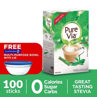 Pure Via Stevia Zero Calorie Sweetener 100 Sticks with FREE Luminarc Multi-Purpose Bowl with Lid