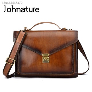 Handbag﹊❐Johnature Vintage Men Business Soft Leather Briefcase 2021 New First Layer Cowhide Laptop B