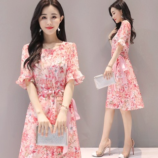 ▼❐Floral dress summer new style loose and thin Korean style short-sleeved mid-length trumpet-sleeved