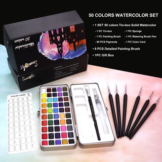 Seamiart 50 Colors Solid Watercolor Gift Set with 6Pcs Detail Painting Brush (1)