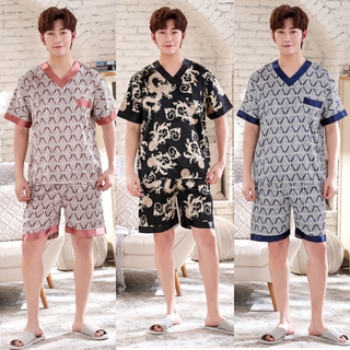 Men Pajamas Satin Silk Nightwear V Neck Set Sleepwear Casual Pyjamas Terno Boxer Shorts