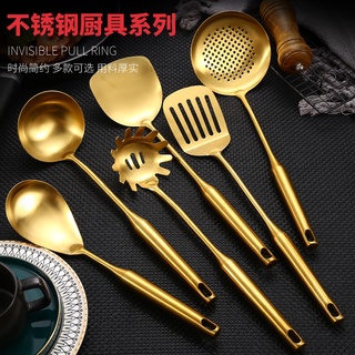Stainless Steel Cookware Long Handle Kitchen Set Gold Cooking tools Scoop Spoon Turner Ladle Kitchen Utensils