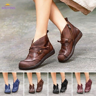 Womens Flat Ankle Boots Ladies Vintage Winter Casual Zipper Round Toe Shoes Party