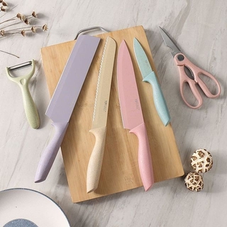 Movall Knife Set 6 PCS Pastel Colors Stainless Steel Chef Knife Bread Knife Cleaver Scissors (5)