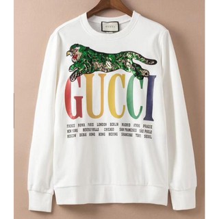 Gucc-i fashion green leopard print embroidery cotton pullover sweater