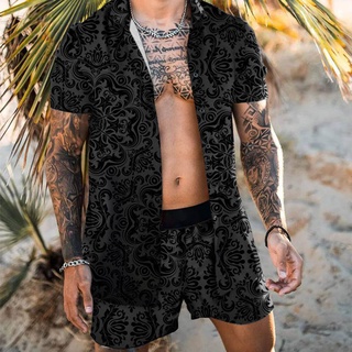 Summer Men Print Sets Hawaiian Short Sleeve Casual Shirts Breathable Shorts Holiday Beach Men Suits