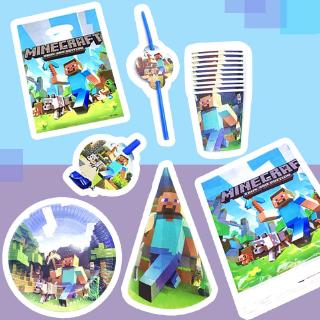 Minecraft Theme Disposable Tableware Cartoon Paper Cup Plate Hat Kids Favor Tableware Happy Birthday Party Decoration