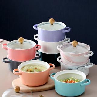 For Microwave Oven And the oven Kitchen Ceramic bowl Korean Pastel Coating Ceramic Pot Set Collection / Nordic binaural ceramic bowl instant noodle bowl with lid Dormitory student meal bowl soup bowl anti-scalding thickened household tableware bowl