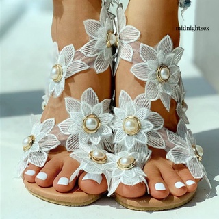 midnightsex Women Fashion Lace Flowers Faux Pearls Inlaid Shoes Summer Clip Toe Flat Sandal