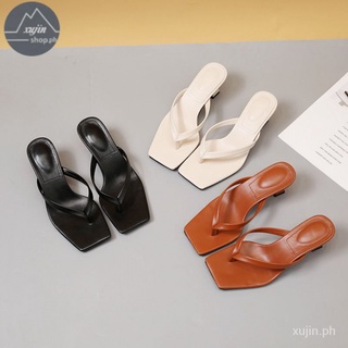 【Ready stock】European and American Spring and Summer New Square Head Flip-Flops Female Leisure Flip-Flops Kitten Heel Stiletto Sandals