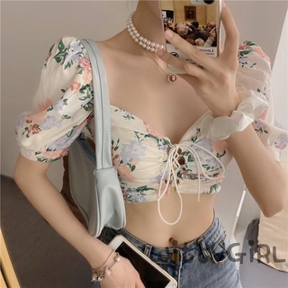W[]-Women´s V Neck Crop Top, Fashion Short Puff Sleeve Lace Up Hollow Out Floral Print Shirt
