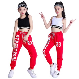 Ready Stock Kids Girls Jazz Dance Costume Casual Wear Hip Hop Clothing Streetwear Crop Tops Vest Jogger Pants for Kids Sportswear (1)