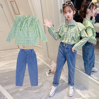 Girls Autumn 2021 Girls Shirt Two Sets Of Fragrant Wind Jeans Set