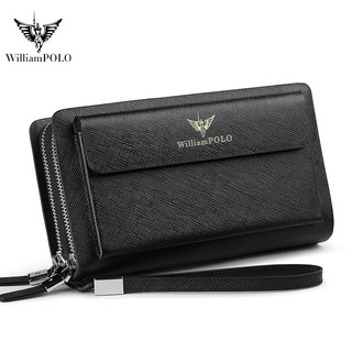 WILLIAMPOLO Brand Men Clutch Bag Fashion Leather Long Purse Double Zipper Business Wallet Black Blue