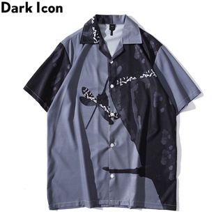 Dark Icon Men Dragonfly Pattern Printed Shirts Casual Short Sleeve Shirt Man Buttons Hawaiian Tops Black color