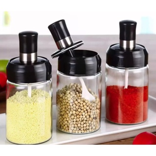 Spice Jar Plastic Glass Condiment Bottles with Spoon Kitchen Seasoning Salt Oil Coffee Beans Contain