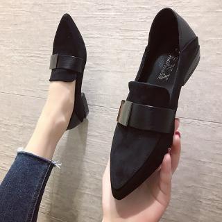 Black Pointy Thick Heel Belt Buckle Shoes Women's Causual Loafers