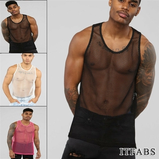 M-2XL Men's Sexy See Through Club Wear Tank Tops Sleeveless Mesh Top Tee Undershirt