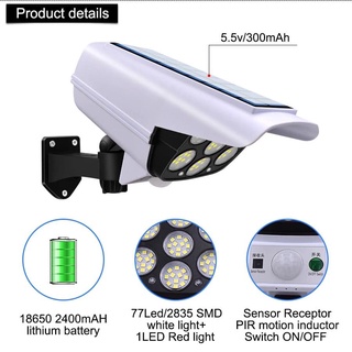 Solar Light Motion Sensor Security Dummy Camera Wireless Outdoor Flood Light IP65 Waterproof 77 LED