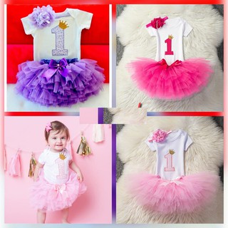 Baby Girl Tutu Dress 1st Birthday Outfit Set Romper Skirt Headband Pink Purple Hot Pink Bodysuit New