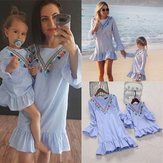 Best Family Matching Outfits Mother Daughter Clothes Women Kids Girls Striped Tassel Matching Long Dress family clothes