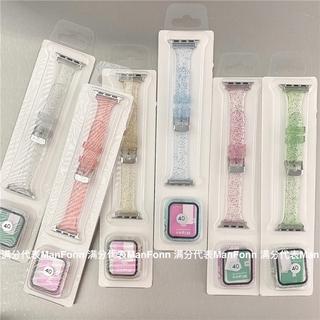 【New】Transparent glitter PC watch case + silicone strap set for Apple iwatch 6 5 4 3 2 1iwatch transparent wrist strap steel buckle 42mm 38mm iwatch series metal connector strap 44mm 40mm