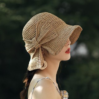 Raffia Bow Sun Hat Wide Brim Floppy Summer Hats For Women Beach Panama Straw Dome Bucket Hat Shade Hat Adjustable