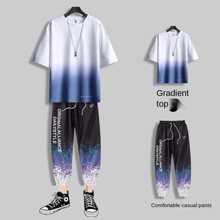 Youth Suit Men's New Summer Two-Piece Korean Style Trendy Handsome Sports Gradient Short Sleeve Men