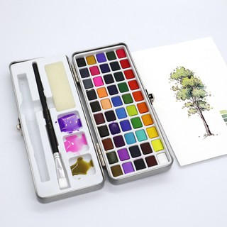 50 Colors Solid Watercolor Set With Tin-box & Water Brush Pen