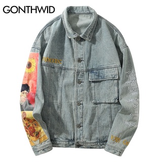 GONTHWID Van Gogh Painting Patchwork Embroidery Denim Jackets Hip Hop Casual Loose Jean Jackets Stre