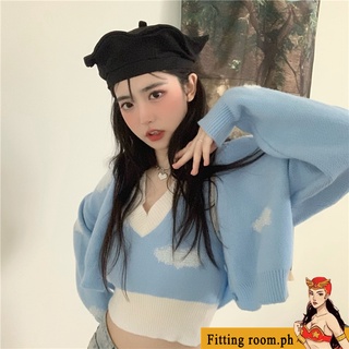 [FITTINGROOM]Korean women fashion long sleeve sexy blue knitted cardigan jacket crop top+ camisole two piece suit (2)