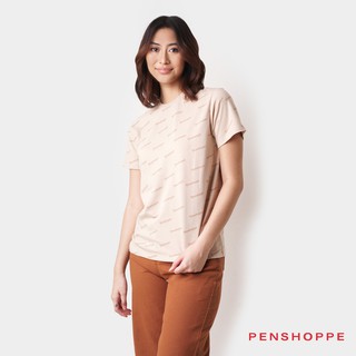 Penshoppe Women's Relaxed Fit Tee With Branding All Over Print (Tan)