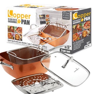 4 Piece Set Ceramic Non-Stick Pan Copper Square Pan Induction Chef Glass Lid Fry Basket Steam Rack
