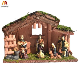 Christmas Nativity Scene Figurine Resin Wood House Craft Ornament Home Decoration Christmas Gift (9)